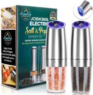 set of 2 electric gravity pepper grinders, automatic salt and pepper mill grinder set, adjustable coarseness, battery powered, blue led light, stainless steel, one-handed operation (silver, pack of 2) logo