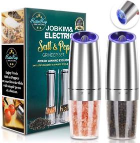 img 4 attached to Set of 2 Electric Gravity Pepper Grinders, Automatic Salt and Pepper Mill Grinder Set, Adjustable Coarseness, Battery Powered, Blue LED Light, Stainless Steel, One-Handed Operation (Silver, Pack of 2)