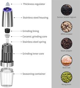 img 2 attached to Set of 2 Electric Gravity Pepper Grinders, Automatic Salt and Pepper Mill Grinder Set, Adjustable Coarseness, Battery Powered, Blue LED Light, Stainless Steel, One-Handed Operation (Silver, Pack of 2)