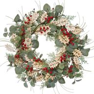 18 inch traditional pine branches christmas wreath with wood leaves and berries – festive front door decorations логотип