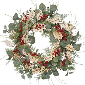 img 4 attached to 18 Inch Traditional Pine Branches Christmas Wreath with Wood Leaves and Berries – Festive Front Door Decorations