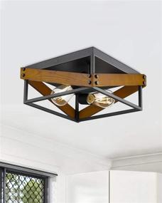 img 1 attached to 🔲 HANASS 2-Light Wood Flush Mount Ceiling Light Fixture with Matte Black Finish and Walnut Wood - 12" Square Design (Model: MX99985-QH)