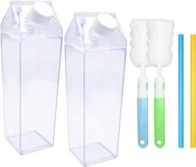 img 4 attached to 🥛 Suruikei 2 Pack Milk Carton Water Bottles: 17oz Clear Square Plastic Bottles Portable for Outdoor Sports and Travel - BPA Free, Straw & Bottle Brush Included!