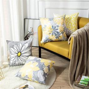 img 3 attached to 🌼 Emvency Set of 4 Throw Pillow Covers: Gray and Yellow Modern Daisy with Pretty White Floral Hand Couch Sofa Decorative Pillow Cases - Cushion Home Decor, Square 16x16 Inches Pillowcases