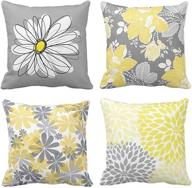 🌼 emvency set of 4 throw pillow covers: gray and yellow modern daisy with pretty white floral hand couch sofa decorative pillow cases - cushion home decor, square 16x16 inches pillowcases логотип