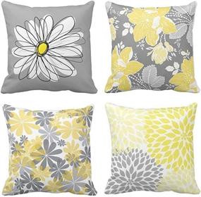 img 4 attached to 🌼 Emvency Set of 4 Throw Pillow Covers: Gray and Yellow Modern Daisy with Pretty White Floral Hand Couch Sofa Decorative Pillow Cases - Cushion Home Decor, Square 16x16 Inches Pillowcases