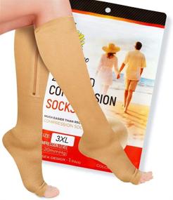 img 4 attached to 🧦 Zipper Compression Socks 20-30mmHg Open Toe with Zip Guard Skin Protection - Medical Zippered Compression Socks for Men & Women (Sizes Med to Wide 5XL) – 2XL, Beige