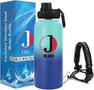 💧 ojei 18oz stainless steel vacuum insulated water bottle for sports with paracord handle and lid - sky blue / navy blue логотип