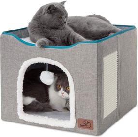 img 4 attached to Bedsure Cat Beds for Indoor Cats - Large Cat Cave with Hanging Fluffy Ball, Scratch Pad, and Foldable Hideaway - 16.5x16.5x14 inches