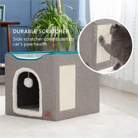 img 3 attached to Bedsure Cat Beds for Indoor Cats - Large Cat Cave with Hanging Fluffy Ball, Scratch Pad, and Foldable Hideaway - 16.5x16.5x14 inches