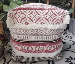 img 4 attached to 🌸 RISEON Pink Boho Hand Woven Cotton Linen Pouf Cover - Unstuffed Footstool Ottoman for Living Room, Bedroom, and Under Desk