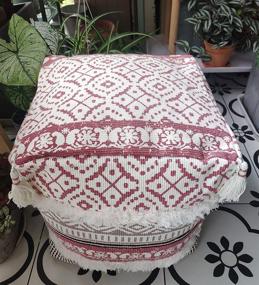 img 1 attached to 🌸 RISEON Pink Boho Hand Woven Cotton Linen Pouf Cover - Unstuffed Footstool Ottoman for Living Room, Bedroom, and Under Desk