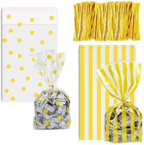 img 4 attached to 🍬 OFNMY 100pcs Gold Polka Dot and Striped Candy Bags with Twist Ties - 6x10 inch Cellophane Cookie Bags for Treats