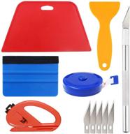 complete wallpaper smoothing tool kit: red squeegee, medium-hardness squeegee, black tape measure, snitty vinyl cutter, craft knife with 5 replacement blades - ideal for adhesive contact paper application and perfect finish logo