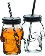 skull mason jar mug glass tumbler 🔪 cup: 16oz, set of 2 with cover and straw logo