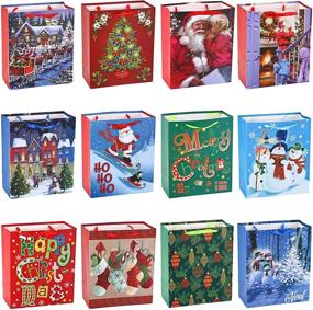 img 1 attached to 🎁 Set of 12 Christmas-themed Gift Bags with Handles, Name Tags, and Assorted Painting-style Designs - Bulk Holiday Wrapping Bags Ideal for Xmas Goodie Bags, Party Favors, Present Wrapping, Classroom Goody Bags, and Décor Supplies.