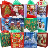 🎁 set of 12 christmas-themed gift bags with handles, name tags, and assorted painting-style designs - bulk holiday wrapping bags ideal for xmas goodie bags, party favors, present wrapping, classroom goody bags, and décor supplies. logo