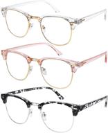 stylish blue light glasses for men and women: semi rimless half rim computer eyeglasses 3 pack - crystal gold, transparent pink gold, blue gold logo