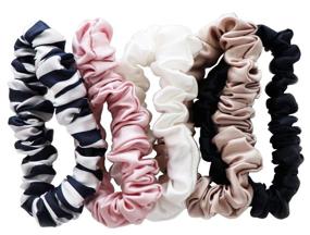 img 3 attached to 🎀 Silk Midi Scrunchies Set - Black, White, Navy Stripe, Pink, and Caramel - 100% Pure Mulberry Silk Scrunchies for Women - Hair-Friendly + Luxurious Elastic Hair Ties (5 Scrunchies)