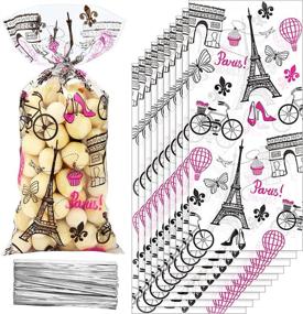 img 4 attached to 🗼 Day in Paris Party Supplies: 100-Piece Clear Cellophane Treat Bags with Pink Eiffel Tower Design - Includes 100 Silver Twist Ties for Fun Candy Goodie Bags