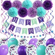 🧜 mermaid birthday party decorations: 29pcs supplies for girls and women, including pom poms, flowers, happy birthday banner, garland, swirls, balloons (purple teal confetti) logo