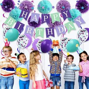 img 2 attached to 🧜 Mermaid Birthday Party Decorations: 29pcs Supplies for Girls and Women, Including Pom Poms, Flowers, Happy Birthday Banner, Garland, Swirls, Balloons (Purple Teal Confetti)