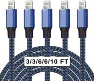 🔌 wacaur apple mfi certified nylon braided iphone charger lightning cable 5pack(3/3/6/6/10ft) - fast charging & syncing, long cord compatible with iphone 12/11pro max/11pro/11/xs max/xr/x/8/8p/7 - black & blue logo