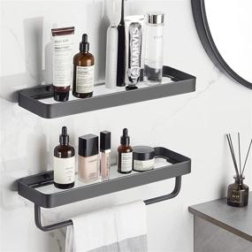 img 4 attached to 🛁 2 Tier Black Glass Floating Bathroom Wall Shelf with Towel Holder - 15.7 inch Glass Shower Shelf for Organized Storage
