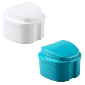 img 4 attached to 2-Pack Denture Bath Cup Case Box Holder with Strainer Basket for Travel Cleaning - Light Blue and White Colors