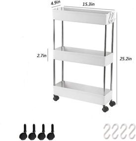 img 3 attached to 🗄️ White 3-Tier Mobile Shelving Unit Organizer with Wheels, Slim Storage Cart for Narrow Spaces – Rolling Utility Cart for Bedroom, Kitchen, and Dressers – Plastic & Stainless Steel Bathroom Storage Shelf Rack