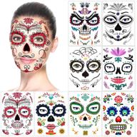 🎃 halloween temporary face tattoos: day of the dead sugar skull floral black skeleton web red roses full face mask tattoo (8 pack) - perfect halloween party favor supplies for women, men, kids, and adults logo