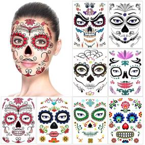 img 4 attached to 🎃 Halloween Temporary Face Tattoos: Day of the Dead Sugar Skull Floral Black Skeleton Web Red Roses Full Face Mask Tattoo (8 Pack) - Perfect Halloween Party Favor Supplies for Women, Men, Kids, and Adults