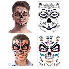 img 2 attached to 🎃 Halloween Temporary Face Tattoos: Day of the Dead Sugar Skull Floral Black Skeleton Web Red Roses Full Face Mask Tattoo (8 Pack) - Perfect Halloween Party Favor Supplies for Women, Men, Kids, and Adults