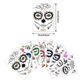 img 3 attached to 🎃 Halloween Temporary Face Tattoos: Day of the Dead Sugar Skull Floral Black Skeleton Web Red Roses Full Face Mask Tattoo (8 Pack) - Perfect Halloween Party Favor Supplies for Women, Men, Kids, and Adults