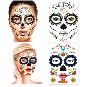 img 1 attached to 🎃 Halloween Temporary Face Tattoos: Day of the Dead Sugar Skull Floral Black Skeleton Web Red Roses Full Face Mask Tattoo (8 Pack) - Perfect Halloween Party Favor Supplies for Women, Men, Kids, and Adults