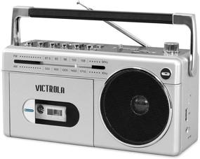 img 4 attached to Виктрола VBB-25-SLV Серебристый мини-бумбокс с функцией Bluetooth, плеером и записывающим устройством кассет, а также радиоприемником AM/FM.