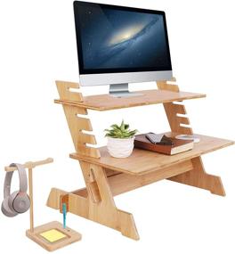 img 4 attached to 🖥️ Wisfor Standing Computer Stand Bamboo Converter Riser for Monitor - Adjustable Height Standup Desk Top Laptop Workstation with Phone and Headset Holder