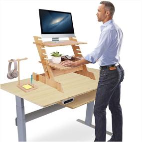 img 3 attached to 🖥️ Wisfor Standing Computer Stand Bamboo Converter Riser for Monitor - Adjustable Height Standup Desk Top Laptop Workstation with Phone and Headset Holder