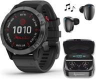 🌞 garmin fenix 6 pro solar премиум мультиспортивные gps смарт-часы bundle - включает в себя набор наушников wearable4u ultimate black с зарядным банком-чехлом (сланцево-серый с черной лентой) логотип