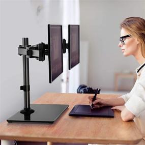 img 3 attached to 📺 HUANUO Dual Monitor Stand - Height Adjustable Two Arm Free Standing Mount for 17-32 inch LCD Screens with Swivel, Tilt, and Glass Base - Max VESA 100x100mm