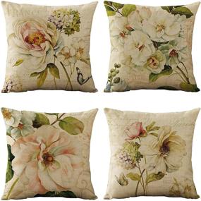 img 4 attached to 🌼 WOMHOPE Vintage Spring Flower Decorative Throw Pillow Covers Set of 4 - Burlap Cushion Cases 18 x 18 Inch for Living Room, Couch, and Bed (Beige Flower)