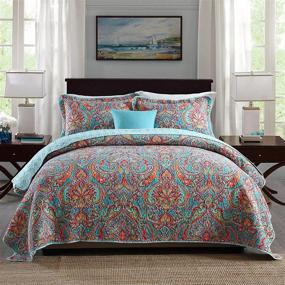 img 4 attached to 🌺 King Cotton Quilt Set, Reversible Floral Bedspread – Colorful Flower Patchwork Covetlet Bedding Set with 2 Pillow Cases, All-Season King Size (94×106)