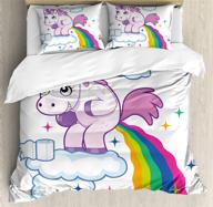 🦄 creative girls fantasy cartoon duvet cover set, unicorn pooping rainbow over clouds by ambesonne - decorative 3 piece queen size bedding set with 2 pillow shams in pale purple logo