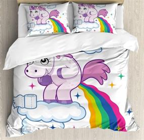 img 1 attached to 🦄 Creative Girls Fantasy Cartoon Duvet Cover Set, Unicorn Pooping Rainbow Over Clouds by Ambesonne - Decorative 3 Piece Queen Size Bedding Set with 2 Pillow Shams in Pale Purple