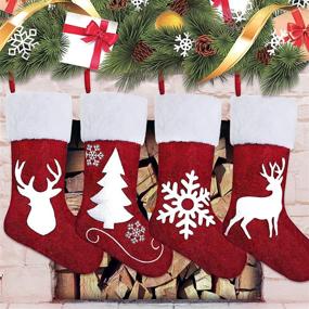 img 4 attached to 🎅 Set of 4 Personalized Christmas Stockings, 18-inch Large Xmas Red and White Snowflake Reindeer Antelope Christmas Tree Character for Family Holiday