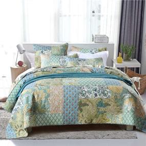 img 4 attached to 🛏️ Premium King Size Quilt Sets - 100% Cotton Reversible Aqua Patchwork Stitched Pattern Bedspread Coverlet for All Seasons - 3-Piece Oversized King Quilt Set (94x106 inches)