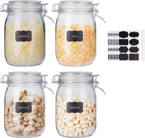 img 4 attached to 🍱 32oz Glass Kitchen Storage Canister Mason Jars with Lids - Airtight, Hinged Lid, Set of 4 for Canning, Cereal, Pasta, Sugar, Beans - Includes Labels & Chalk Marker