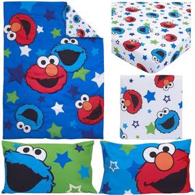 img 2 attached to 🍪 Sesame Street Elmo and Cookie Monster Awesome Buds 4 Piece Toddler Bed Set, Blue/Red/Green