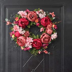 img 3 attached to 🌺 Burgundy Peony Flower Wreath: Handmade 16" Artificial Door Wreath for Home Decor, Wedding, and Office