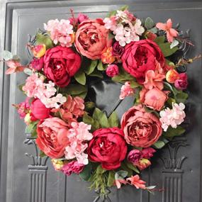 img 1 attached to 🌺 Burgundy Peony Flower Wreath: Handmade 16" Artificial Door Wreath for Home Decor, Wedding, and Office